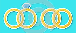 Wedding ring isolated on a blue background. Golden ring with shiny diamond. Realistic sticker. Simple cute design. Icon or logo.