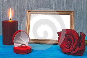 Wedding ring. The proposal. Marriage. Photo frame with copy space of just married .
