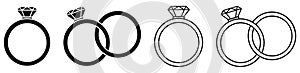 Wedding ring set icon. Silhouette and outline vector illustration isolated on white. Jewelry and marriage vector image. Gemstone