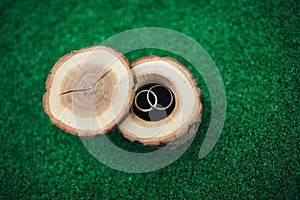 Wedding rings in a beautiful and stylish wooden box, on a green background. The concept of a wedding, the ceremony of betrothal.