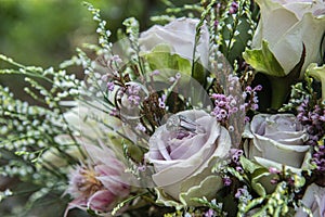 The wedding rings on bedded on Flowers.