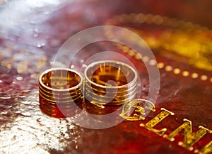 Wedding rings on bible, on church altar