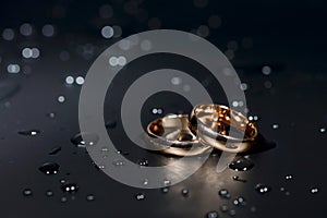 Wedding rings black background white rose drops