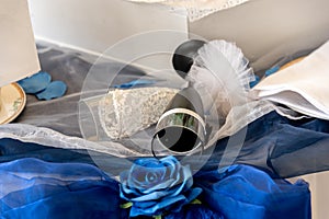 Wedding rings on a blue background