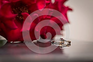 Wedding rings and a bouquet of red roses