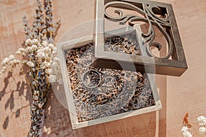 Wedding rings of the bride and groom in a box