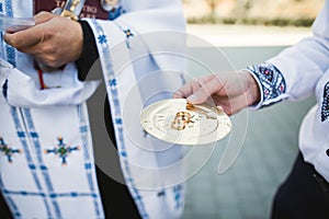 Wedding rings on ceremony at church. Macro.