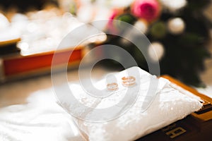 Wedding rings on ceremony at church. Macro.