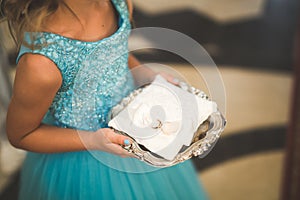 Wedding rings on ceremony at church. Macro.