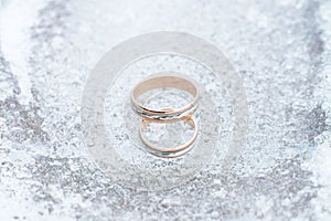 Wedding rings closeup on the ice background