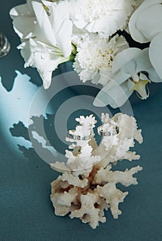 Wedding rings coral flowers orchid carnation white