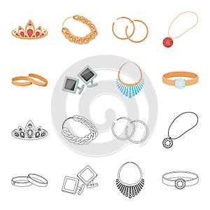 Wedding rings, cuff links, diamond necklace, women ring with a stone. Jewelery and accessories set collection icons in