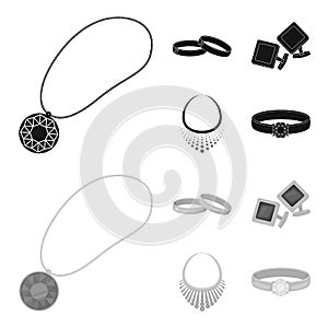 Wedding rings, cuff links, diamond necklace, women ring with a stone. Jewelery and accessories set collection icons in