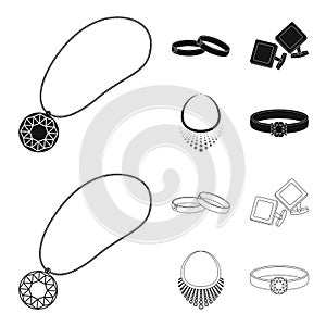 Wedding rings, cuff links, diamond necklace, women ring with a stone. Jewelery and accessories set collection icons in