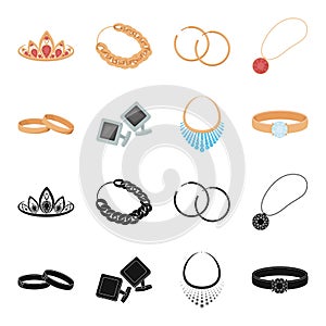Wedding rings, cuff links, diamond necklace, women ring with a stone. Jewelery and accessories set collection icons in