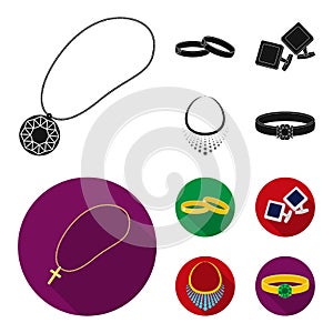 Wedding rings, cuff links, diamond necklace, women ring with a stone. Jewelery and accessories set collection icons in