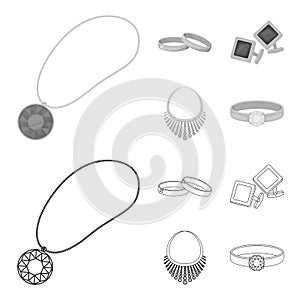 Wedding rings, cuff links, diamond necklace, women ring with a stone. Jewelery and accessories set collection icons in