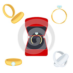 Wedding rings with diamond love marriage celebration jewelry marry gold symbol jewellery vector illustration.