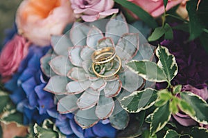 Wedding rings on flowers