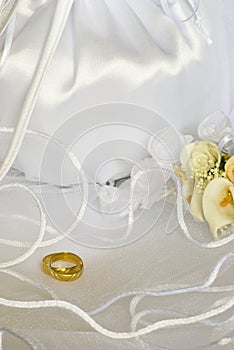 Wedding rings flowers and bridal bag over veil