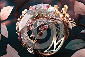Wedding rings with flowers and leaves