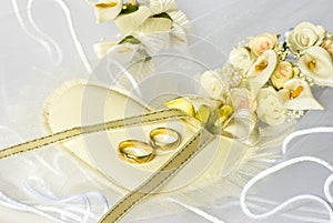 Wedding rings and flowers over veil