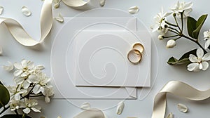 Wedding Rings and Flowers on White Background