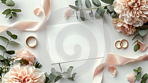 Wedding Rings and Flowers on White Background