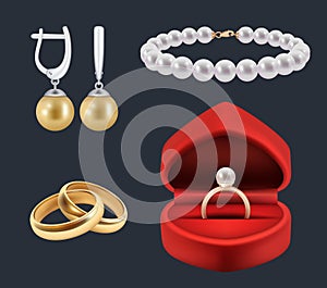 Wedding rings. Gold trappings in decoration red packs glossy jewelry vector realistic set photo