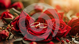 Wedding rings grace lush red roses