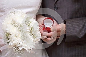 Wedding rings in hands of newlyweds