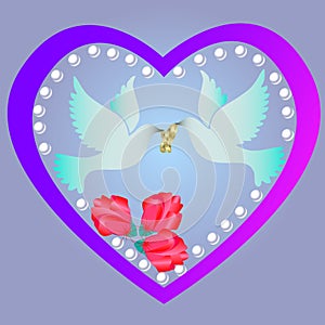 Wedding rings, heart, flowers, pigeons, birds of peace and good. Ð¼