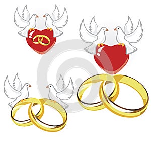 Wedding rings, hearts and doves