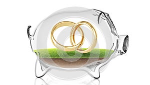 Wedding rings inside transparent piggy bank. 3d rendering
