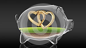 Wedding rings inside transparent piggy bank. 3d rendering
