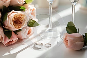 Wedding rings lie next to two glasses of champagne and a bouquet of roses