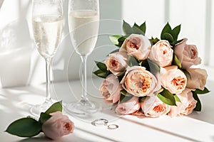 Wedding rings lie next to two glasses of champagne and a bouquet of roses