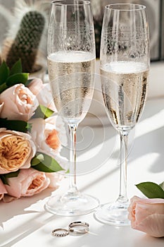 Wedding rings lie next to two glasses of champagne and a bouquet of roses