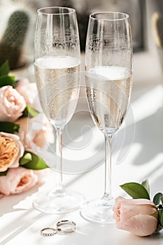 Wedding rings lie next to two glasses of champagne and a bouquet of roses