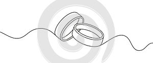 Wedding rings with linear, continuous style. Symbol of marriage. Wedding ceremony. Happy newlyweds exchange rings.