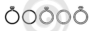 Wedding rings. Marriage ring icons with diamonds. Wedding symbols. Jewel for bride, groom and engagement. Black outline circles.