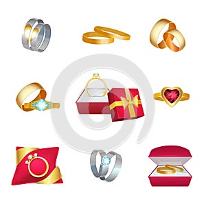 Wedding rings. Marriage symbols golden jewellery in box with ribbons vector cartoon love wedding cartoon icon