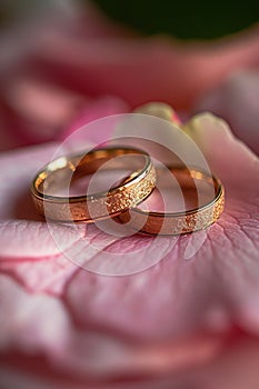 Wedding rings nestled on a dewy rose, symbolizing romantic union., AI Generated