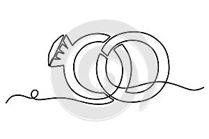 Wedding rings one continuous line drawing. Romantic elegance concept