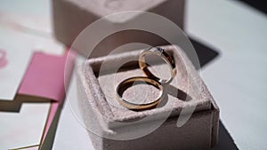 Wedding rings. Pair of marriage symbols. Love of bride and groom becoming wife and husband. Matrimony symbol.