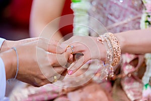 Wedding rings. He Put the Wedding Ring on Her. Close up Groom Put the Ring on bride. thai wedding ceremony and thai wedding decora