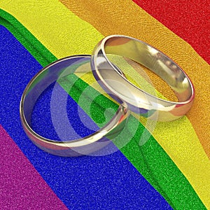 Wedding rings on rainbow banner