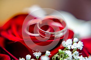 Wedding rings and red roses