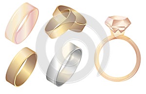 Wedding rings set of gold, pink and silver metal on transparent background, isolated ring with diamond clipart, vector