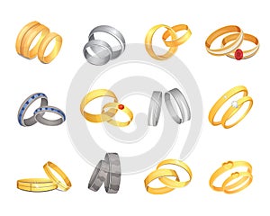 Wedding rings set of gold and silver metal romantic nuptial hoop couple love golden jewelry isolated vector illustration